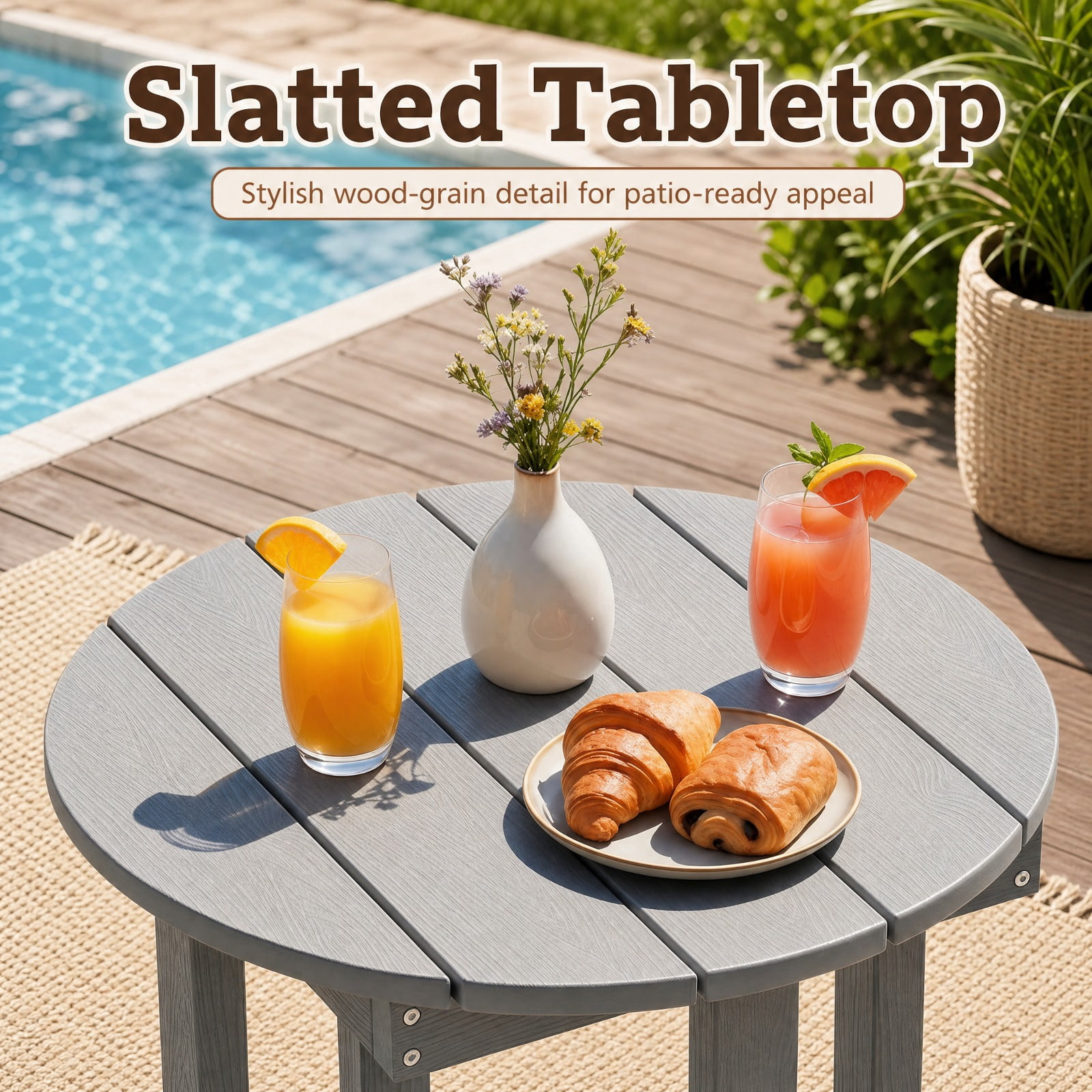 Biotree 18 Inch Outdoor Adirondack Side Table, Weather-Resistant HIPS Slatted End Table with X-Frame Base for Backyard Deck Poolside, Gray