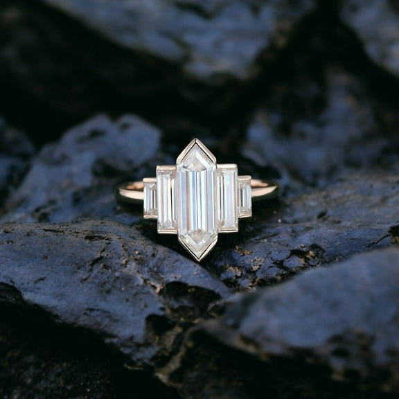 JEWELSBYASAILOR 11X7MM Hexagon Moissanite Ring / Baguette Engagement Ring / Rose Gold Plated Silver / Birthday Gift For Love