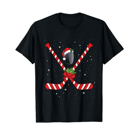 Ice Hockey Christmas Candy Cane Hockey Stick Xmas Pajama T-Shirt Black