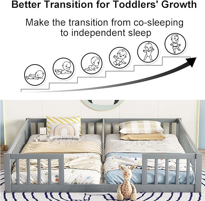 Kumix Double Floor Bed with Fence Guardrails, Wood Double Twin Floor Beds for Boys and Girls, Twins, Floor Bed for 1-3, Two Shared Beds, Adults Floor Bed, Easy Assembly, Gray