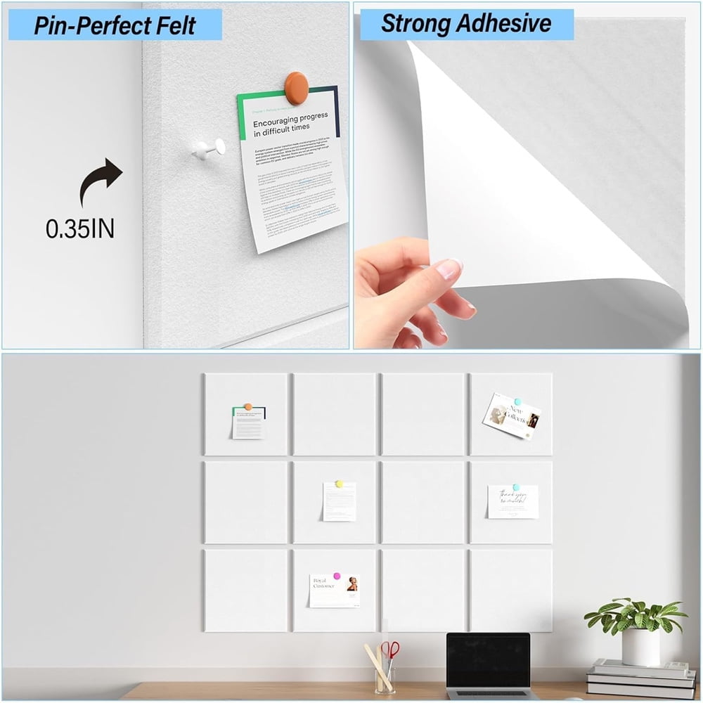 Yahome 12Pcs Felt Bulletin Board Each 12 Inch Self Adhesive Felt Wall Tiles with Pushpins for Office Wall Decor Push Pin Board Wall Home Office (White)