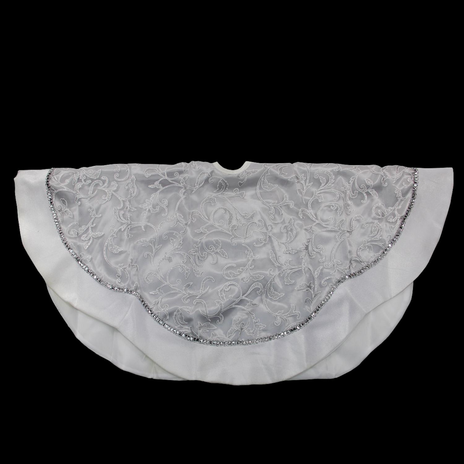 48" Silver and White Floral Trimmed Christmas Tree Skirt