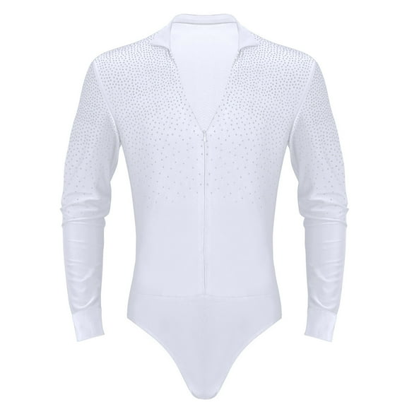 Linjinx Men's V-neck Shiny Rhinestones Latin Dance Shirt Unitard Bodysuit Leotard Ballroom Dance White M