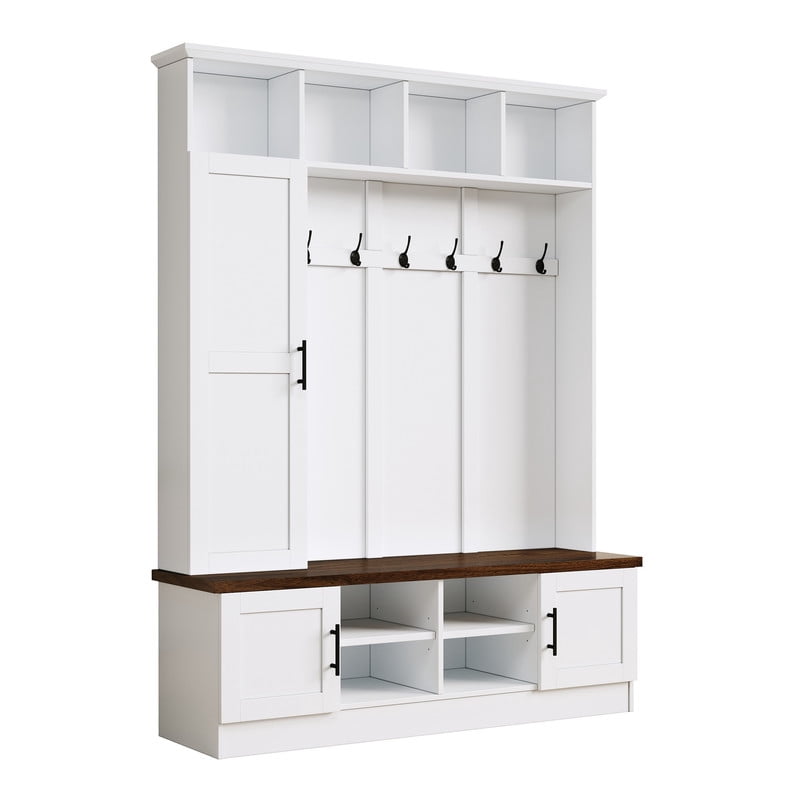 Farmhouse 3-in-1 Hall Tree with 6 Hooks, Versatile Storage Bench with Cabinets and Open Compartments, Entryway Coat Rack