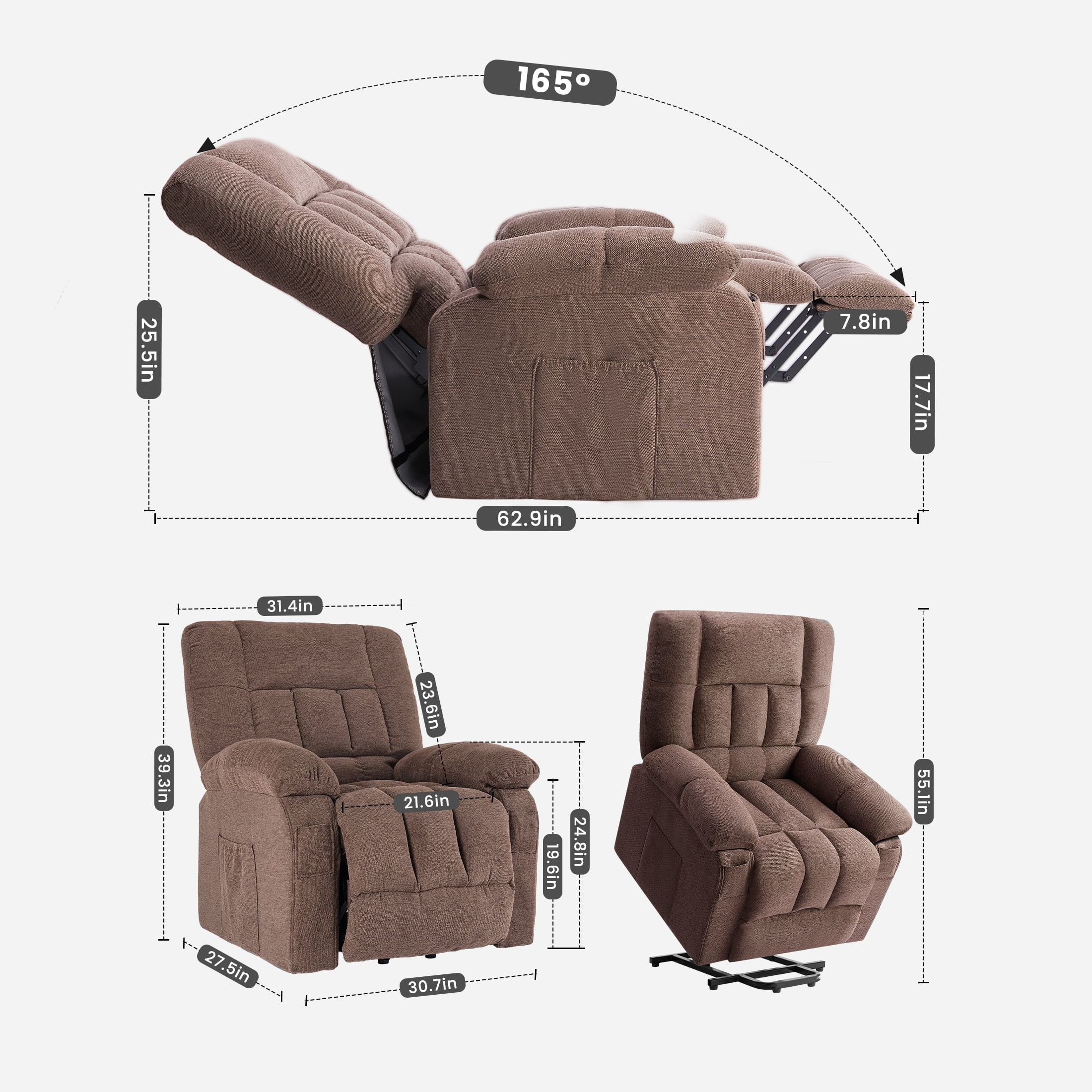 Power Lift Recliner Chair with Vibration Massage and Heat for Elderly, Ergonomic Overstuffed Breathable Fabric Reclining Chair,Brown