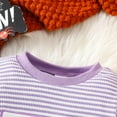 thumbnail image 2 of LIIPEE Girls Outfits Halloween Cartoon Letter Cap Embroidery Long Sleeve Round Neck Striped Sweatshirt Pants Set Toddler Handsome Climbing Hiking Camping Cycling Outfit,Purple,12-18 Months, 2 of 8
