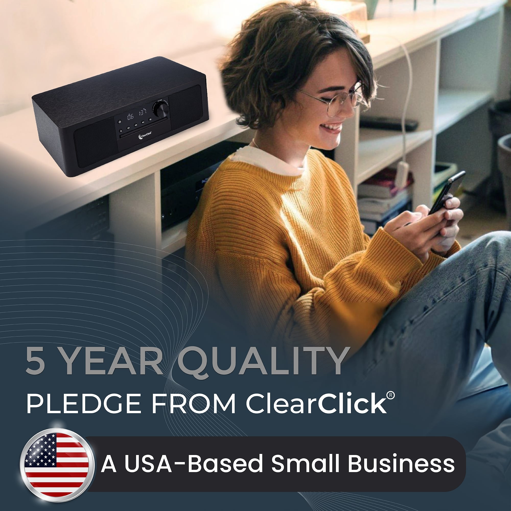 ClearClick Stereo Shelf System with CD Player, Bluetooth, FM Radio, USB Playback, Aux in, Optical in, Alarm Clock, & Remote Control