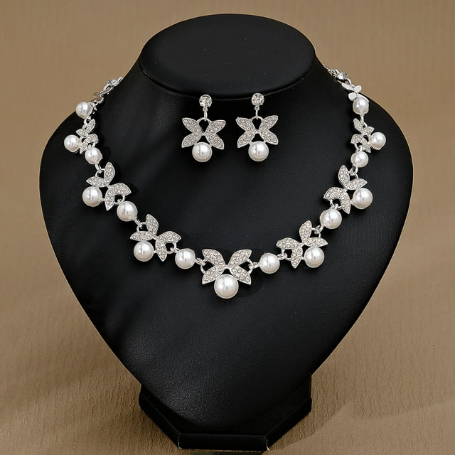 Nvzi Conjunto de joyas de novia con forma de lágrima y diamantes de imitación, collar y pendientes para boda, A06