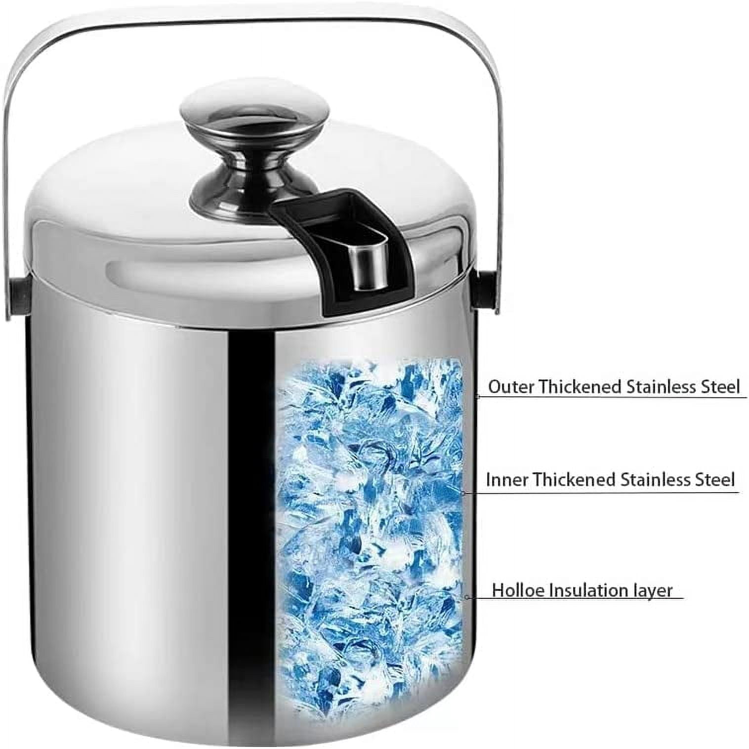 Nvzi-a Stainless Steel Ice Cube Container Double Walled 1.3L Ice Bucket Container with Tongs Lid and One Small Metal Ice Scoop