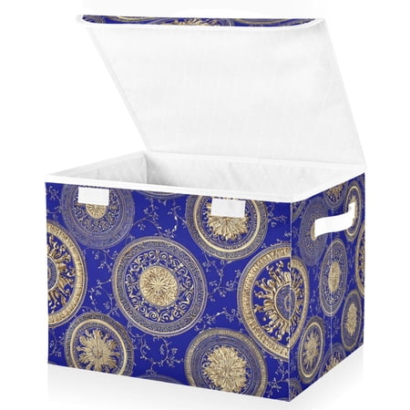 Foldable Fabric Storage Bin With Handle Collapsible Basket Box Storage With Lid Organizer Gold Baroque Circular