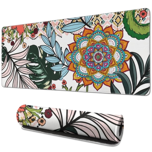 Boho Pattern Desk Mat, Extended Gaming Mouse Pad with Stitched Edge and Non-Slip Rubber Base, XL Keyboard Pad and Desk Protector for Laptop, Work, Home Office, 31.5 x 11.8 in