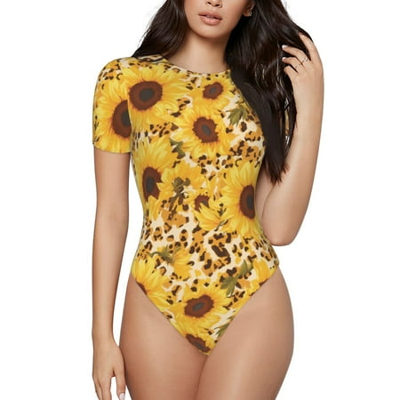 Gaeub Abstract Leopard Print Sunflower Print Women s Short Sleeve One Piece Swimsuit Sexy High-Waisted Bodysuit Bathing Suit for Swimming  Beach  Sports-Small