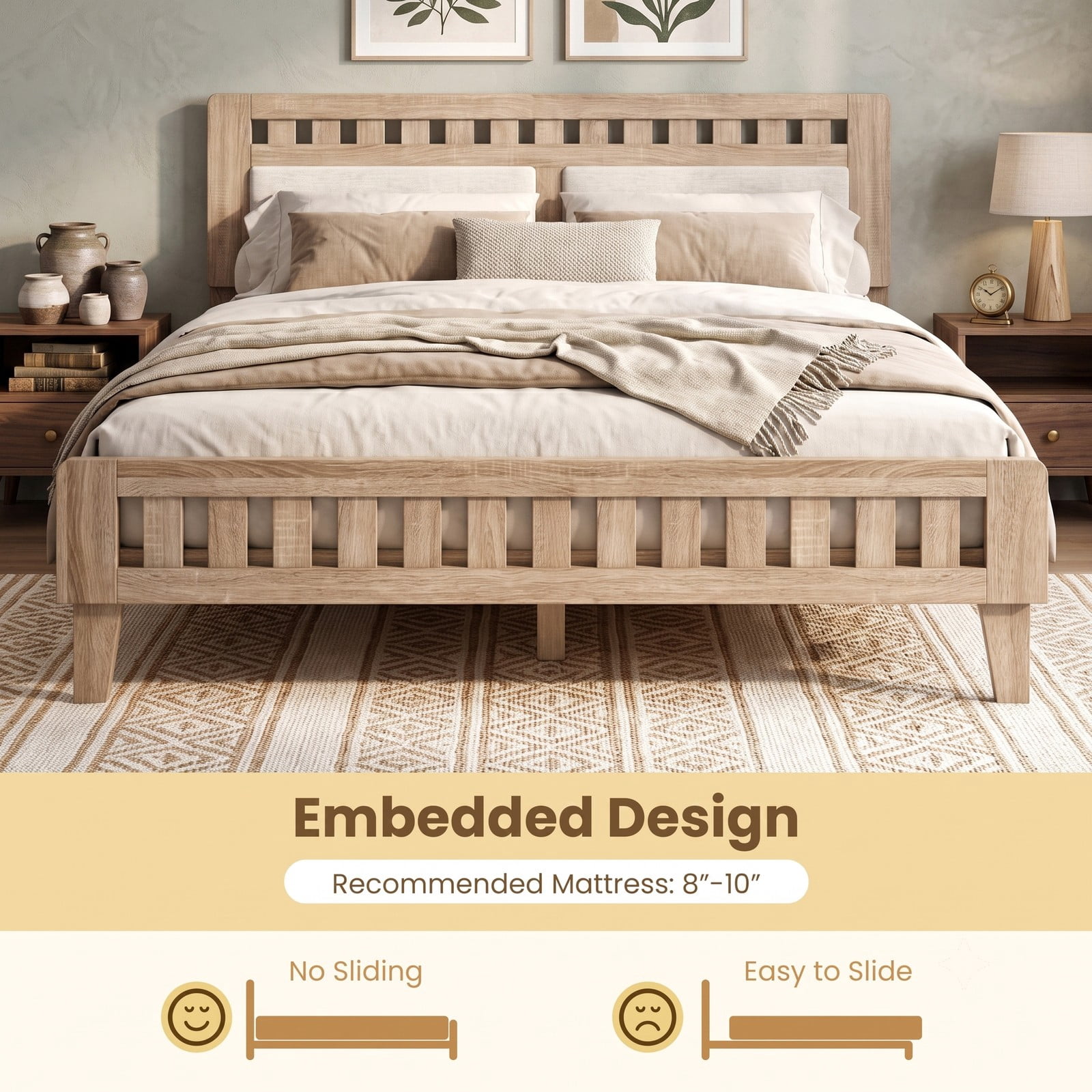 Furnibear Queen Bed Frame Wood Platform Bed with Upholstered Fabric Headboard and 12 Plywood Slat Support, Rustic Oak