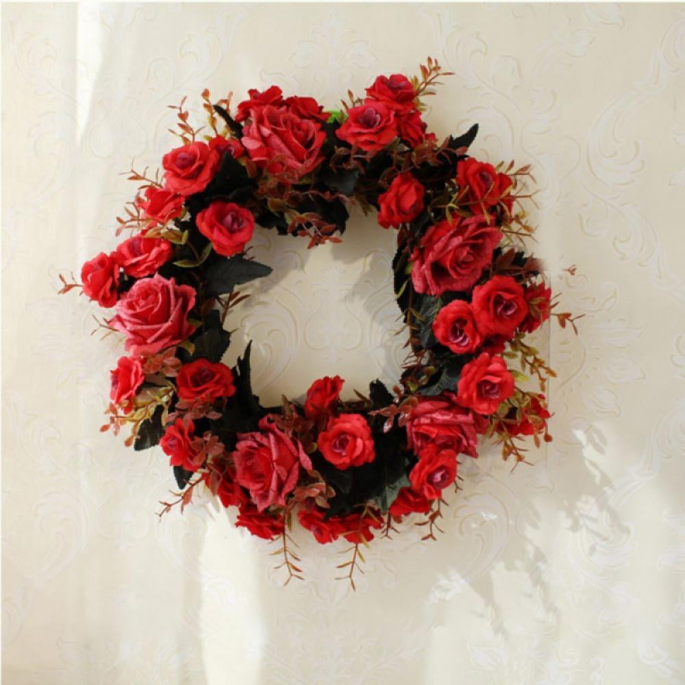 12" Artificial Wreaths Silk Red Rose Flowers Round Simulation Realistic