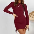 thumbnail image 4 of Womens Rib Knit Pullover Sweater Dress Long Sleeve Crewneck Solid Color Mini Bodycon Dress with Drawstring, 4 of 7