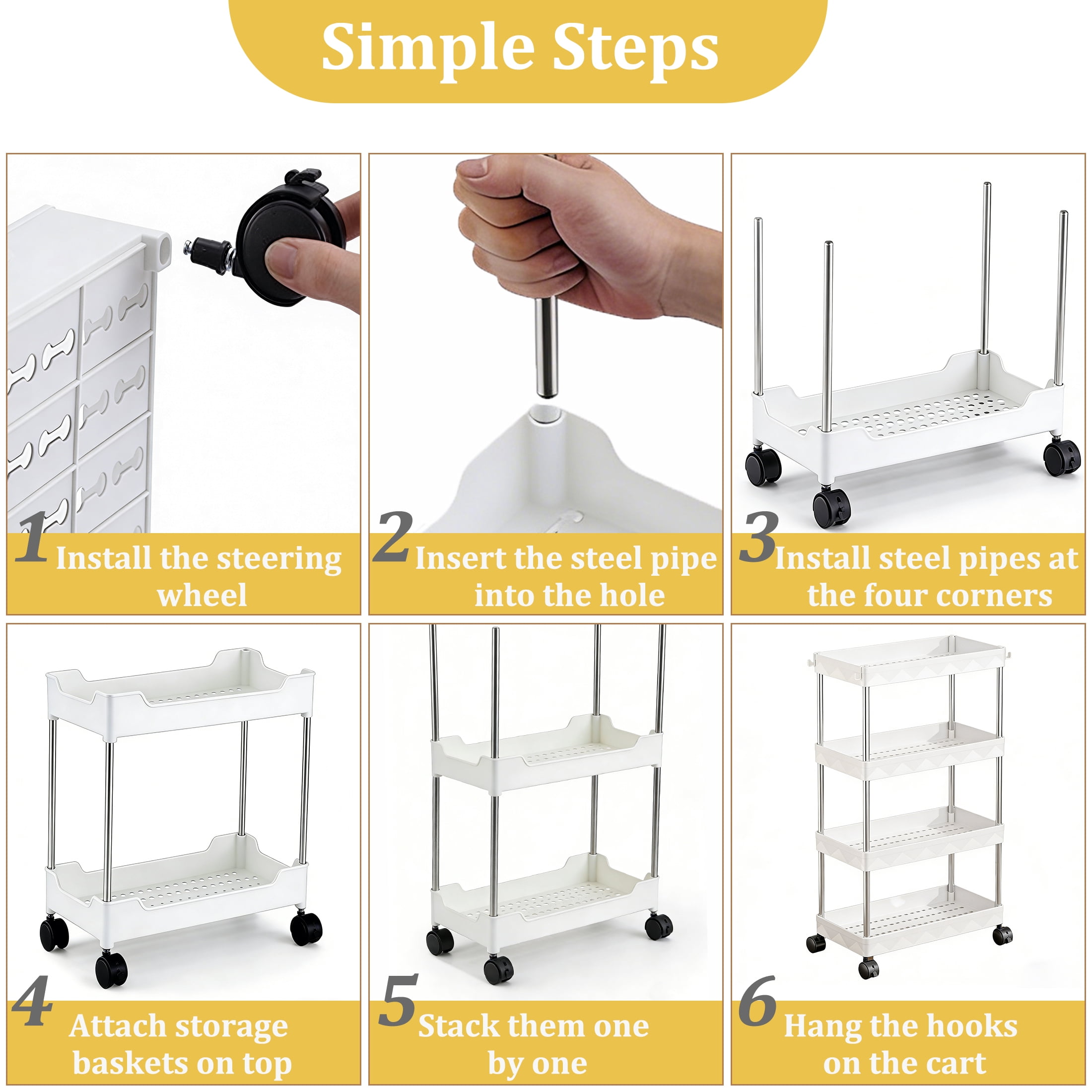 Slim Rolling Storage Cart, 4-Tier Bathroom Laundry Organizer Mobile Cart, Portable Slim Storage Cart with Lockable Wheels, Mobile Utility Cart for Kitchen, Bathroom, Laundry Room, White