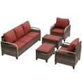 thumbnail image 6 of EAGLE PEAK 5 Piece Wicker Outdoor Patio Furniture Set, Patio Set with 2 Patio Chairs, 3 Seat Loveseat Sofa, and 2 Ottomans, Brown/Red, 6 of 8