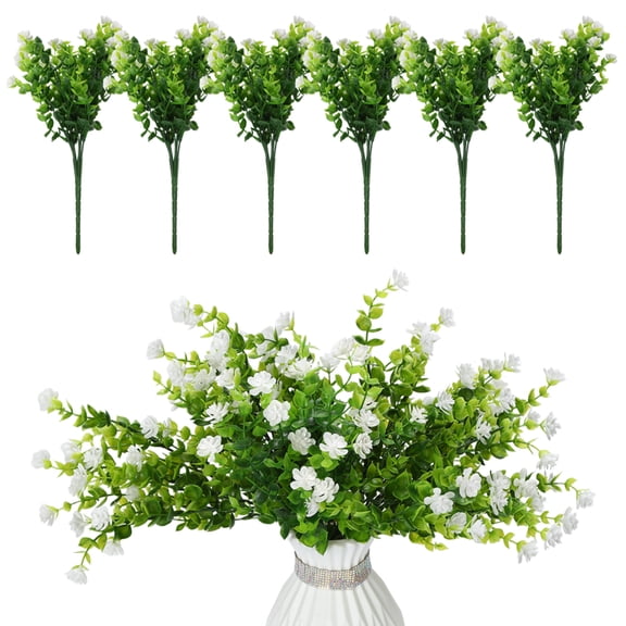 6 Bundles Artificial Outdoor Plants Plastic Fake Greenery, Fake Flowers Faux Plants for Indoor Outdoor Garden Wedding DIY Decor