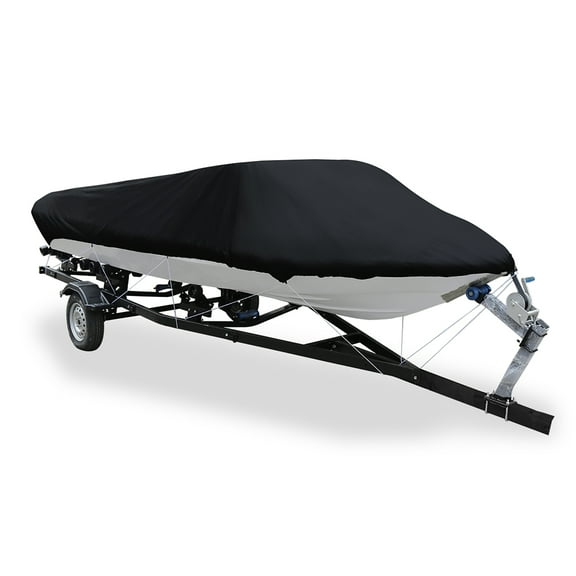 Unique Bargains 17-19ft 210D Trailerable Boat Cover Waterproof Sun Protection Fishing Ski Bass Speedboat V-shape Black 600 x 300cm