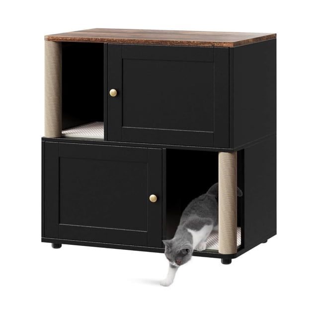 Ourlova 2 Tier Enclosed Litter Box Enclosure with Scratching Post and Dual Mats Black