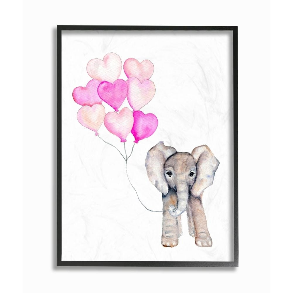The Kids Room by Stupell Baby Elephant with Pink Heart Balloons Framed Giclee Texturized Art, 11 x 1.5 x 14