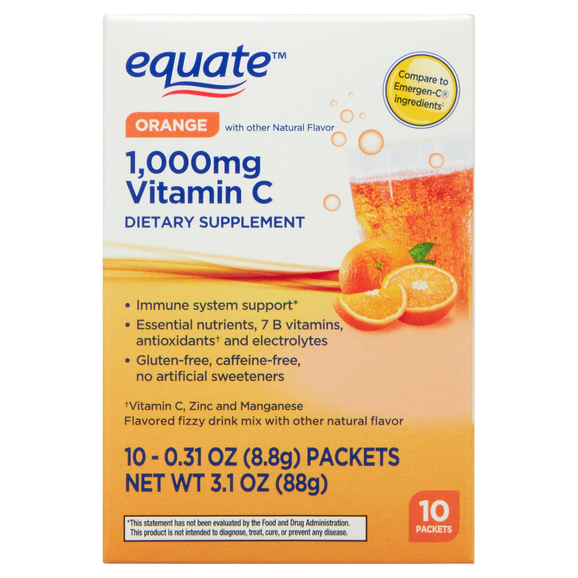 Equate 1000 mg Vitamin C Dietary Supplement Powder Packets, Orange Flavor, 10 Count, Compare to Emergen-C® Ingredients