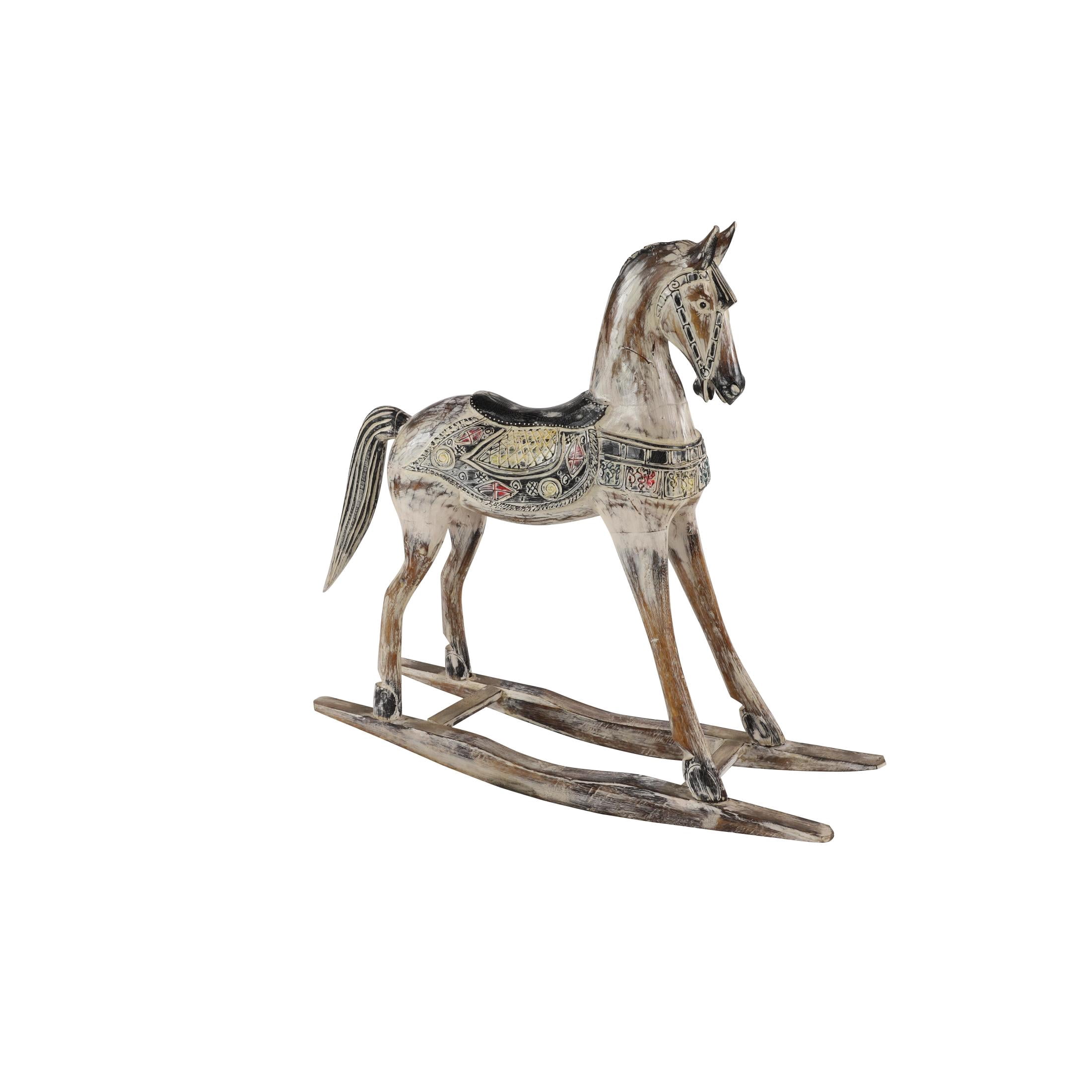 DecMode Beige Wood Horse Rocking Decorative Sculpture with Brown Distressing and Colorful Accents, 42" x 11" x 38"