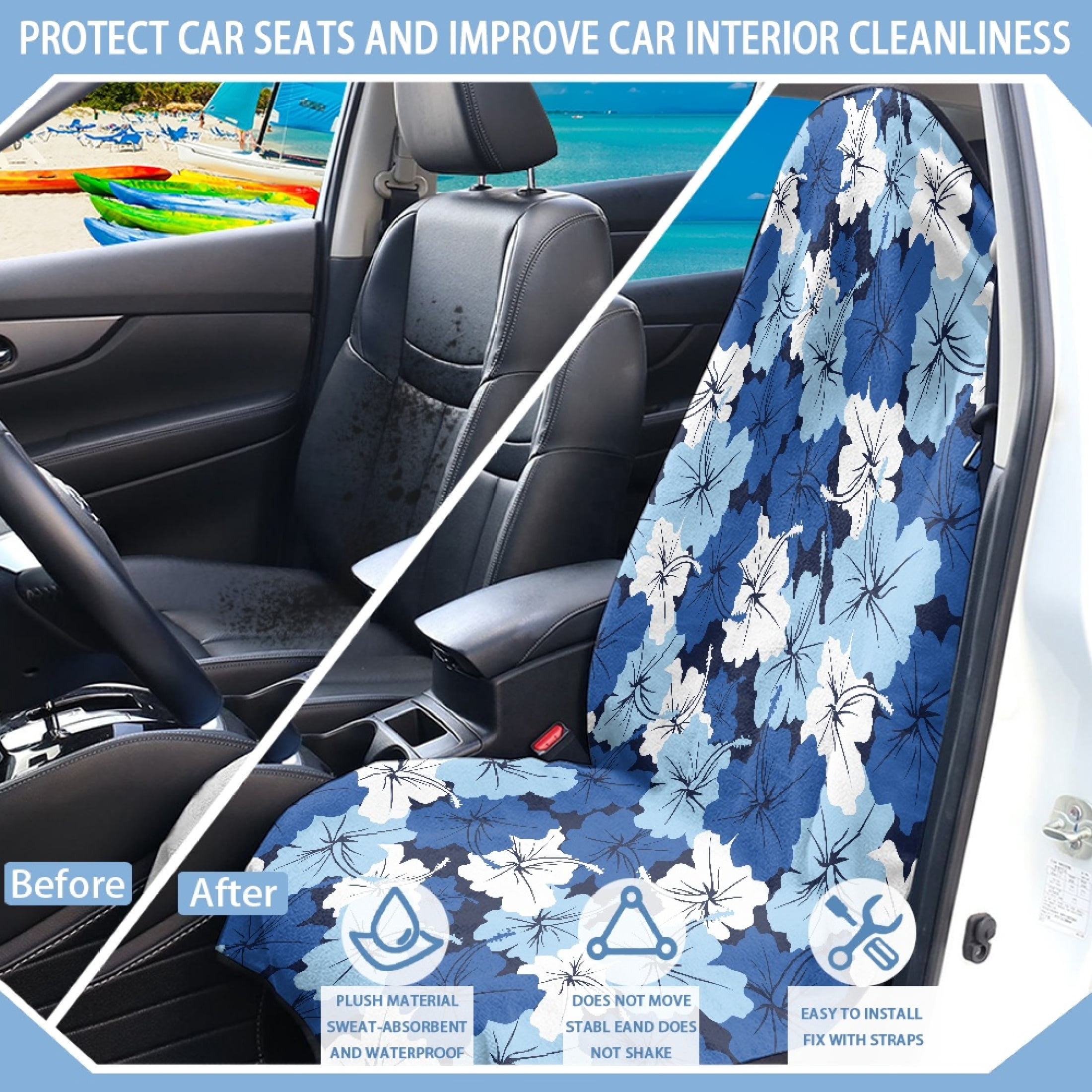 XYZCANDO Blue Hibiscus Floral Car Seat Towel Cover - Waterproof Sweat-Absorbent Protector, Universal Fit for Cars, SUVs & Trucks - Soft, Breathable Auto Accessory