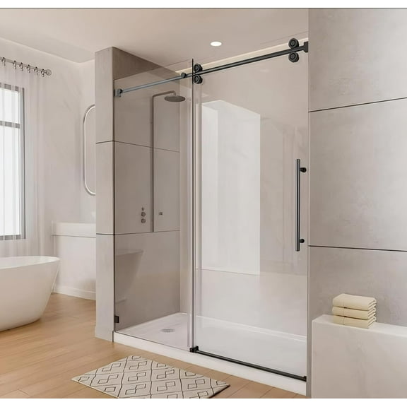 Matte Black Sliding Glass Shower Door 56-60" W x 76" H, Stainless Steel, 8mm Tempered Glass, Easy-Clean Coating, Brushed & Polished Finish, Smooth Buffering Mechanism, Frameless A-Black-60 Wx76 H