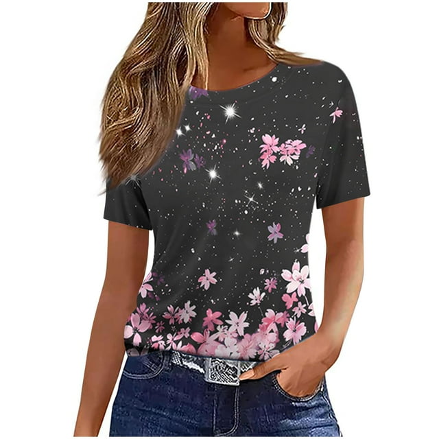 Tops de Manga Corta de Algodón para Mujeres Cuello Redondo Impreso Casual, Blusa de Moda para el Hogar Y el Uso Diario