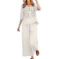 thumbnail image 3 of Women's Cotton Linen Embroidered Shirt and Wide Leg Pants Two Piece Set, 3 of 6