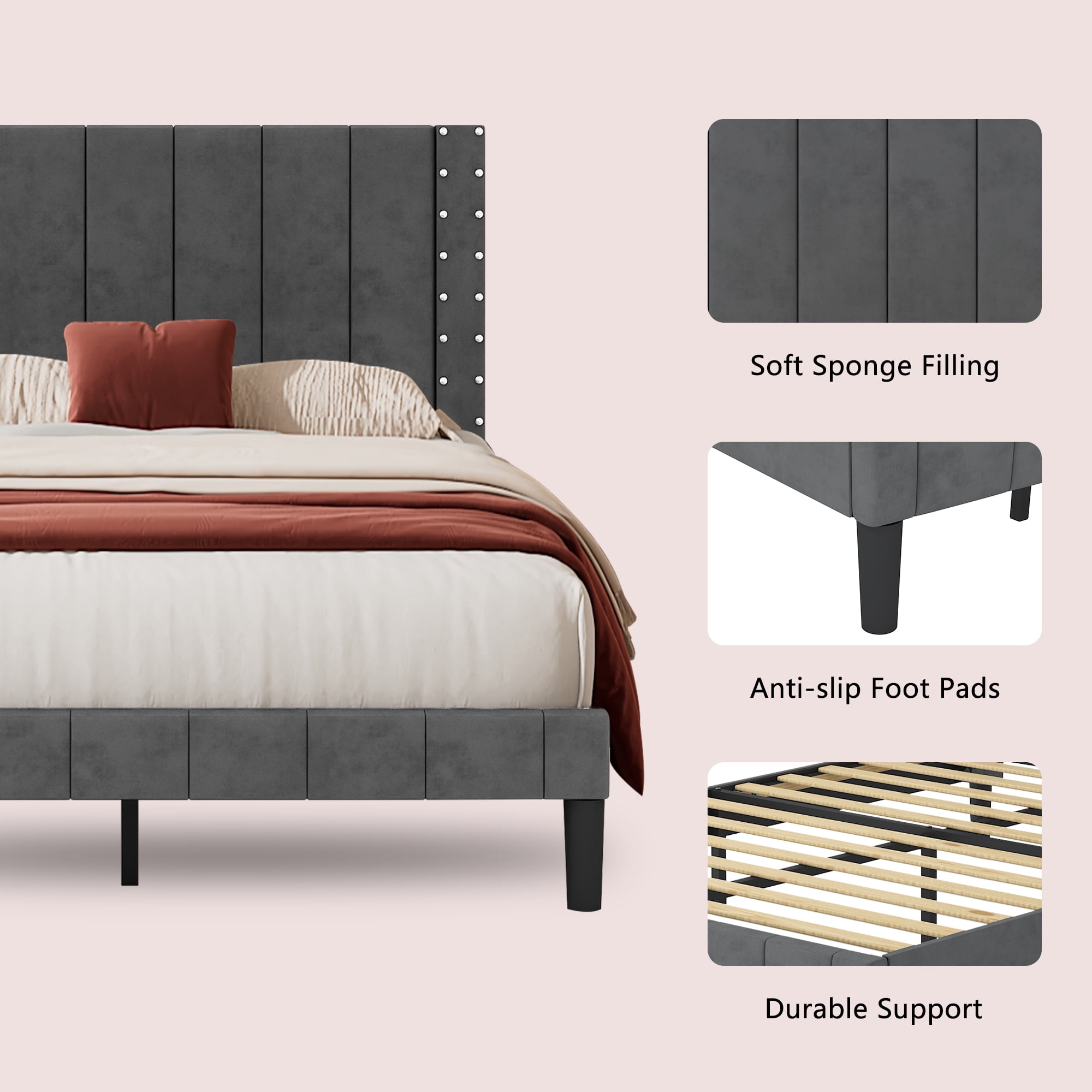 Zinus dori upholstered square online stitched wingback platform bed