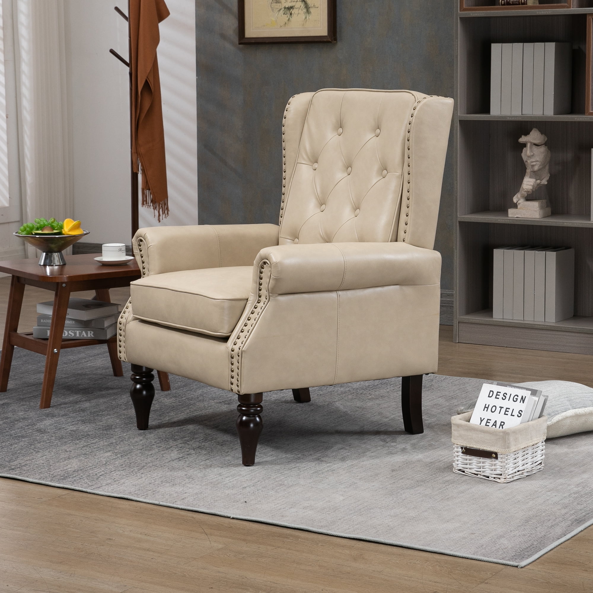Miniyam PU Leather Armchair with Wood Frame, Modern Accent Chair Lounge Chair with Sturdy Wood Legs, for Living Room Bedroom,Camel