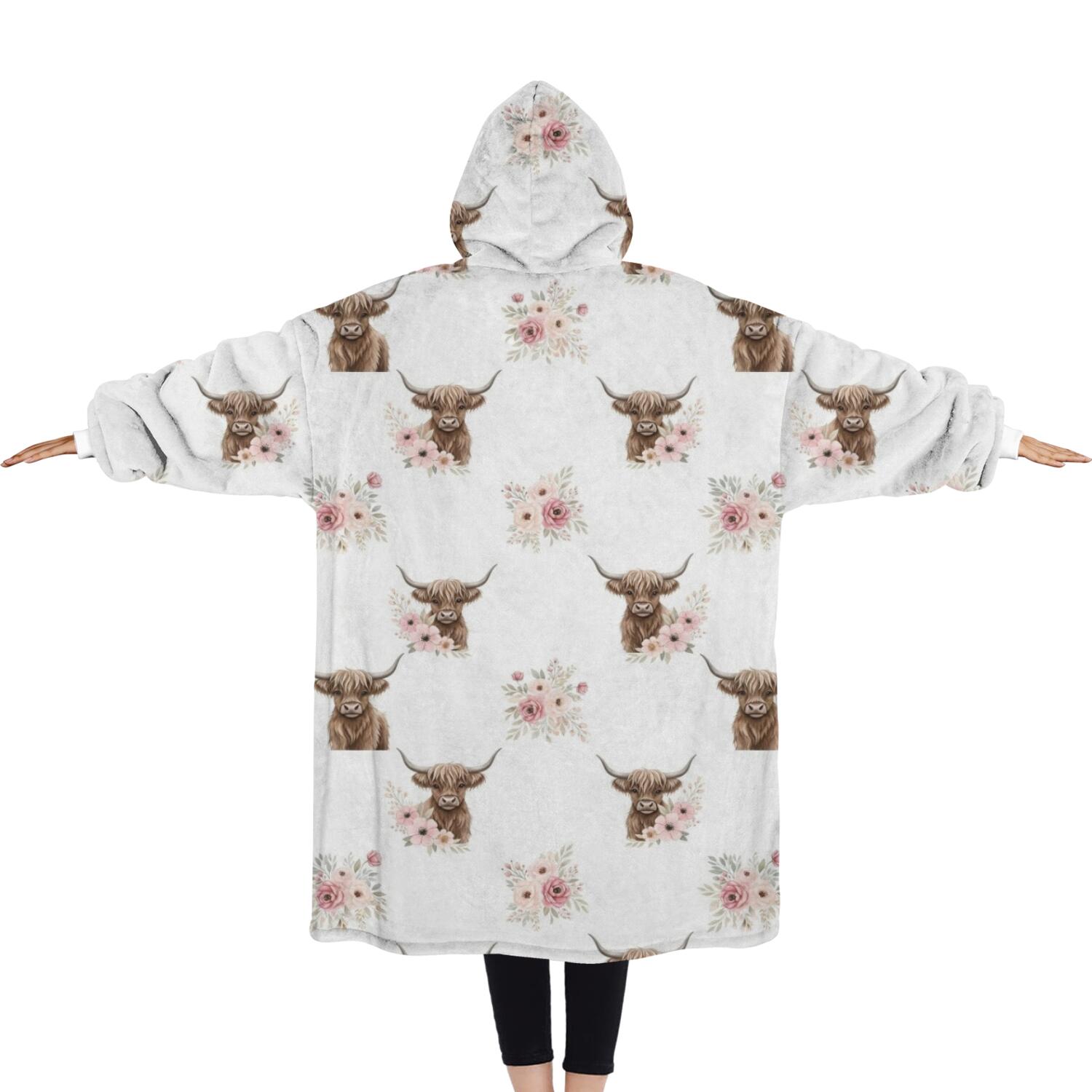 Oversized Wearable Blanket Hoodie,White Highland Cow Flower Pattern Sherpa Blanket Hoodie with Super Pockets,Super Warm Fuzzy Pullover for Women & Men