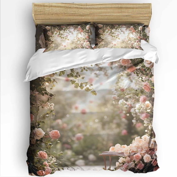 Spring Rose Twin Size Comforter Set, Pastoral Romantic Plant Soft Bedding for All Seasons, 4 Pcs Bed Set with 1 Comforter (68"x86") ,1Sheet(66"x116"), 2 Pillowcases (19"x29")
