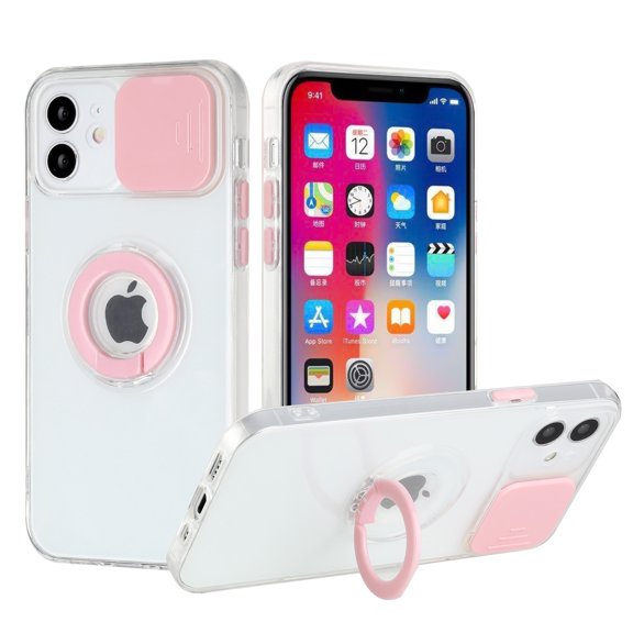 For Iphone 12 Dual Camera Punch Slick 2.0mm Thick Tpu Ring Stand Camera Window Case Cover - Light Pink