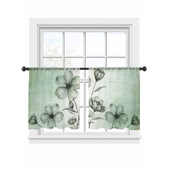 Green Floral Sheer Curtains 54 Inch Length 2 Panels Set, Semi Transparent Voile Rod Pocket Curtains for Living Dining Room Bedroom Drapes Country Rustic Ombre Painting Art Watercolor