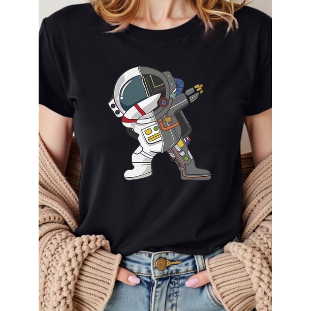 Short-Sleeved Round-Neck T-Shirt with a Female Astronaut Design for Summer Casual Wear Tee For Adult, Men, Women, Teen, Teenager, Adolescent, Youth