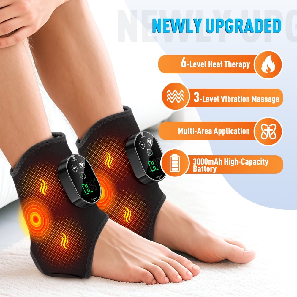 Flaremore Cordless Foot and Ankle Massager,3 in 1 Ankle Heating Pad Wrap with 6 Heat & 3 Vibration Modes,3000mAh Portable Rechargeable Ankle Heating Wrap Warmer for Feet,Ankles & Calves,Black 2PCS