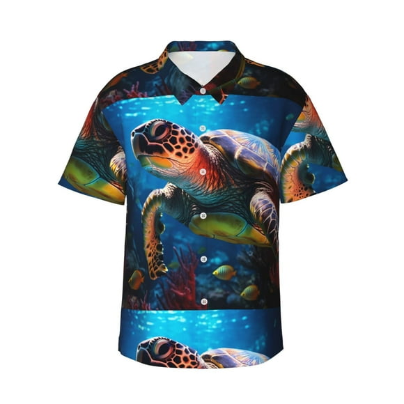 Lsque Ice Blue Ocean Sea Turtle Pattern Hawaiian Shirt for Men Unisex Summer Beach Casual Short Sleeve Cotton Linen Button Down Shirts,3X-Large