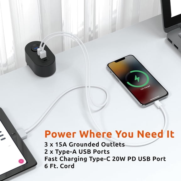 Clamp-On Desk Power Strip with 3 Outlets, 3 USB Ports (20W PD Type-C), 6 Ft. Cord, Overload Protection, No Installation Required