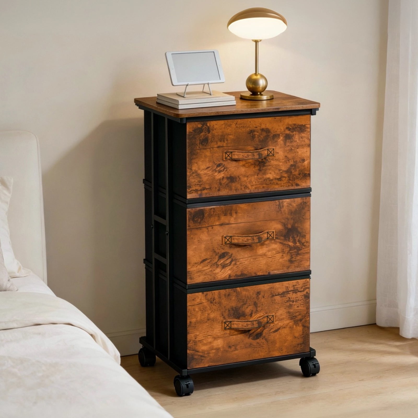 edx Rolling Nightstand with Wheels, 3 Drawer Fabric Storage for Bedroom, Entryway, Closets, Office, Rust Brown