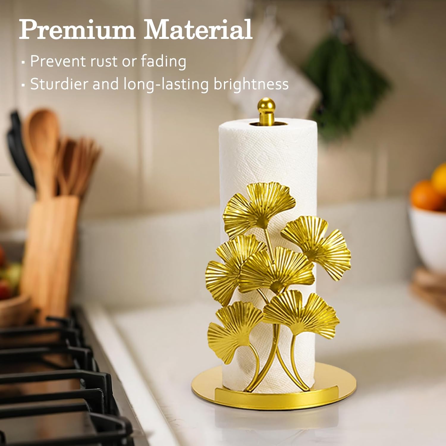 ThrottleT - Vintage Gold Ginkgo Paper Towel Holder Countertop - Gold Kitchen Decor and Accessories, Luxury Housewarming Gifts for Women, 3D Ornate Leaf Textured, Retro Design Home Decor
