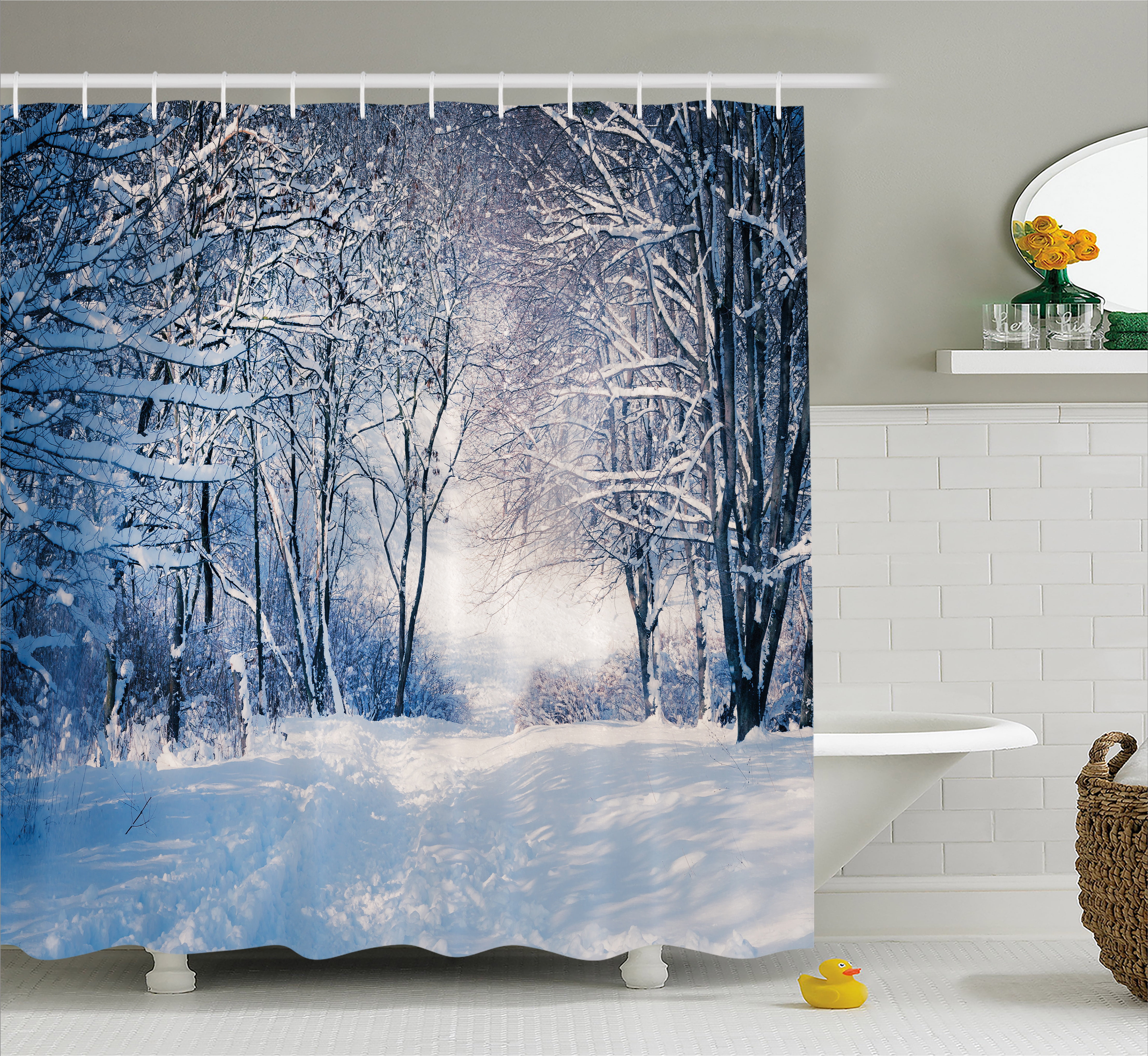 Winter Shower Curtain, Alley in Snowy Forest Cold Freezing Weather