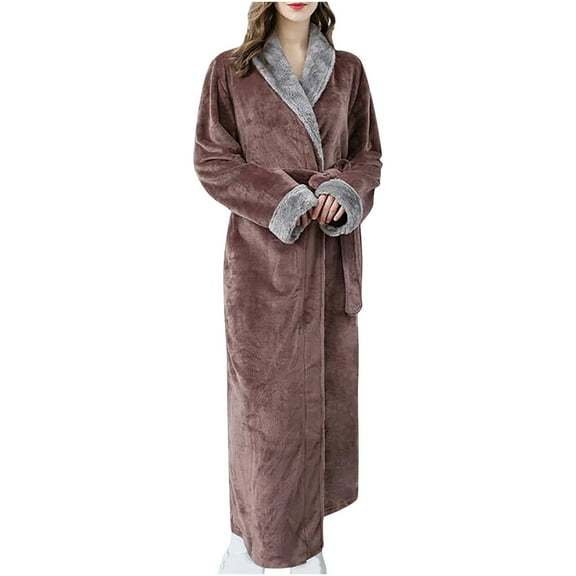 VANLOFE Unisex Warm Pajamas Household Clothes Solid Bathrobe Lengthened Night-robe Woman's Nightgown Casual Robes Coffee Robes Sleepwear for Woman L
