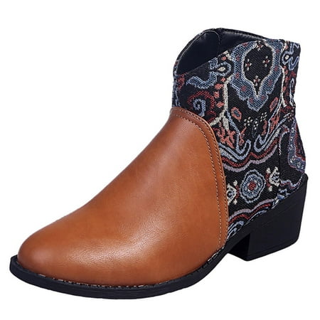 

Chunky Block Heel V Cut Chelsea Boot for Women Classic Faux Leather Western Printed Ankle Booties