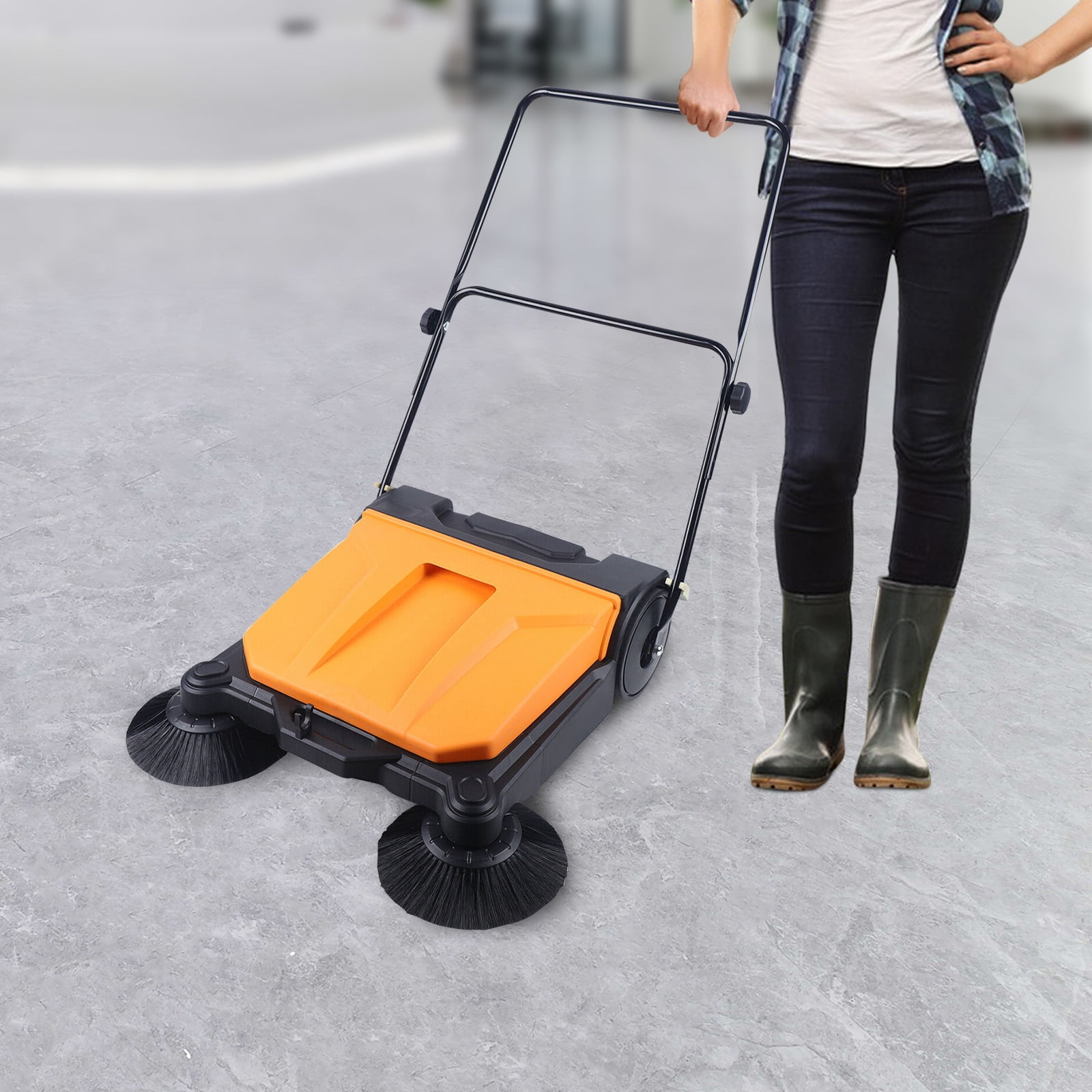 26" Black+Orange Manual Hand Push Sweeper Moder Hand Push Floor Sweeper for Garages Courtyards Offices