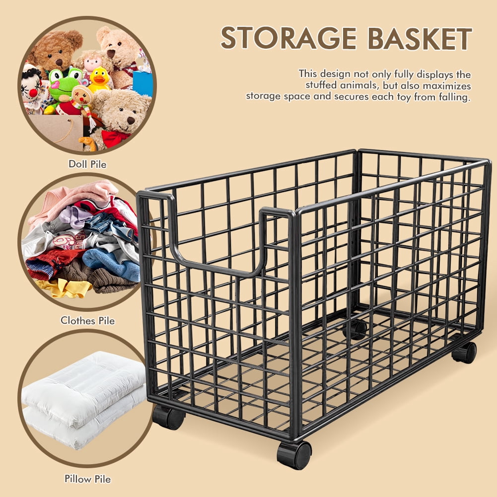 Qiyester Plush Toy Storage Basket, Large Capacity Metal Wheeled Plush Toy Storage Rack/Clothes Storage Box, Suitable for Bedroom