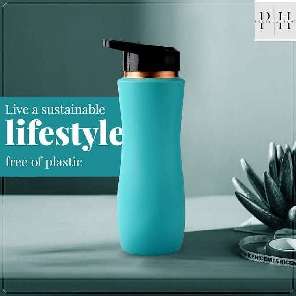 Perilla Home 100% Aqua Blue Pure Copper Bottle With Sipper & Lid 25.37 Oz Ayurvedic Bottle With Leak Proof Contains Health Benefits For Drinking Water For Men Women Gym Yoga Indoor Outdoor Office