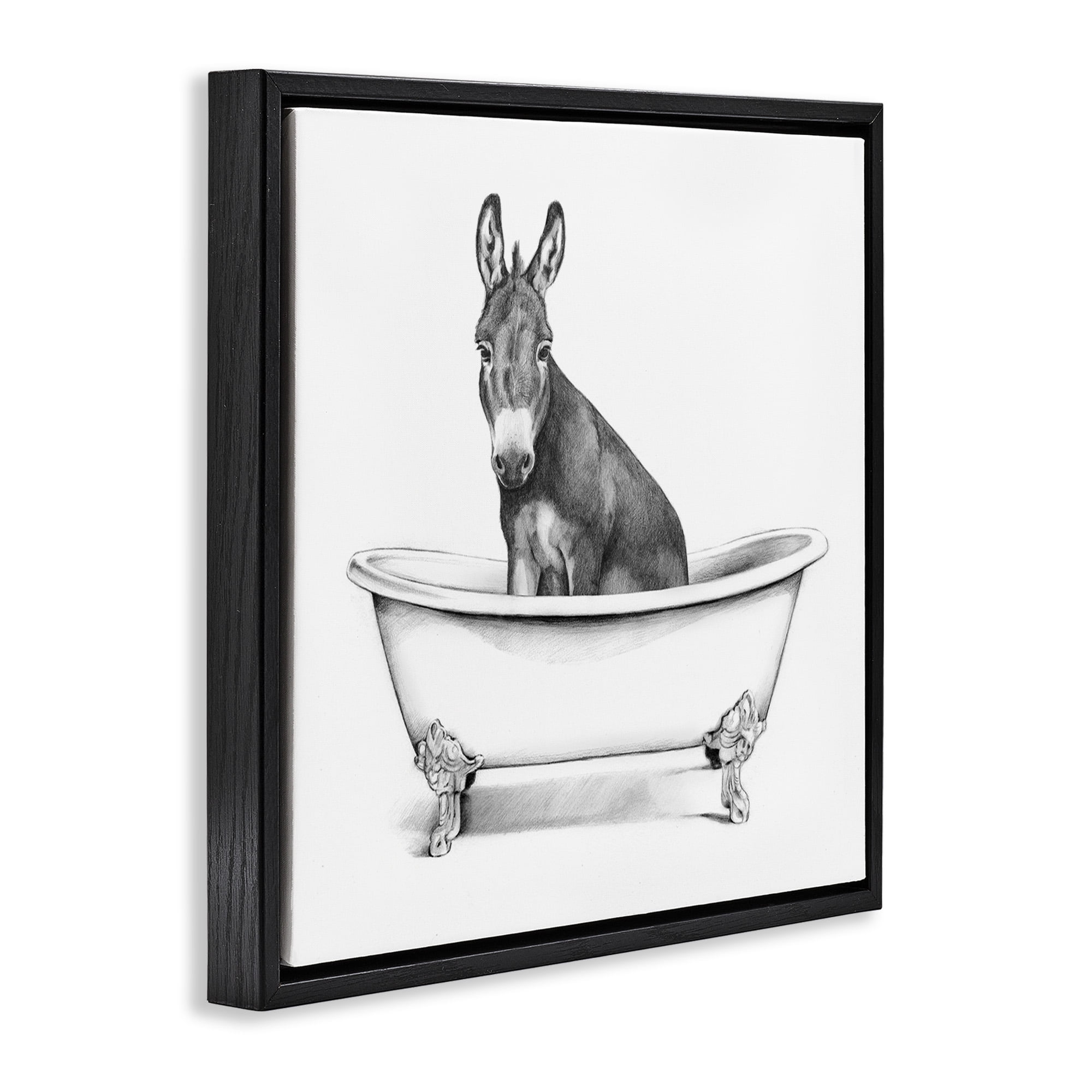 Stupell Industries Donkey in Bathtub Sketch Animals & Insects Drawing Black Floater Framed Canvas Art Print Wall Art, 25 x 25